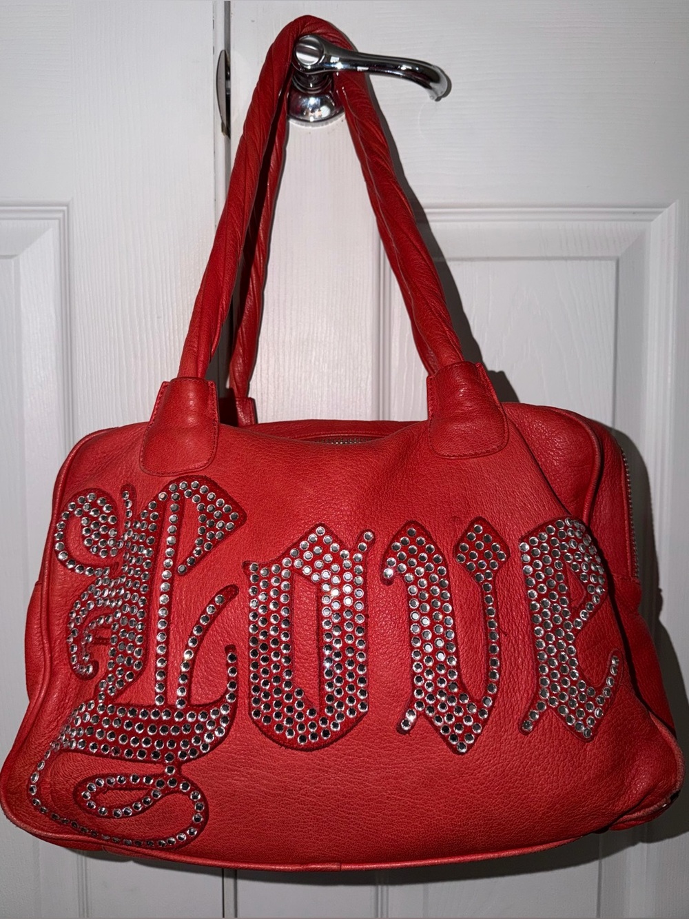 Charm and Luck brand bag w/ rhinestone studded "LOVE" lettering